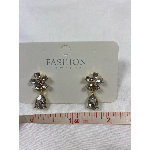 Clear Rhinestone Drop Earrings Gold Tone Flower Dangle Teardrop - Picture 7 of 12